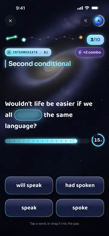 GramStar on iPhone, in the middle of an Intermediate run. The sentence reads: Wouldn’t life be easier if we all, gap, the same language? Under it are a 15-second timer and four word tiles: will speak, had spoken, speak and spoke.