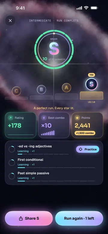 The end of an Intermediate run: a big S grade with 10 of 10 right, a row of C, B, A and S medals with S marked You, and tiles for rating, best combo and points.
