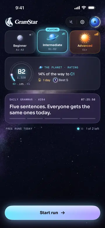 GramStar’s Home screen: Beginner, Intermediate and Advanced tiles along the top, with Intermediate selected, a rating card showing B2, the Daily Grammar card, and a Start run button.