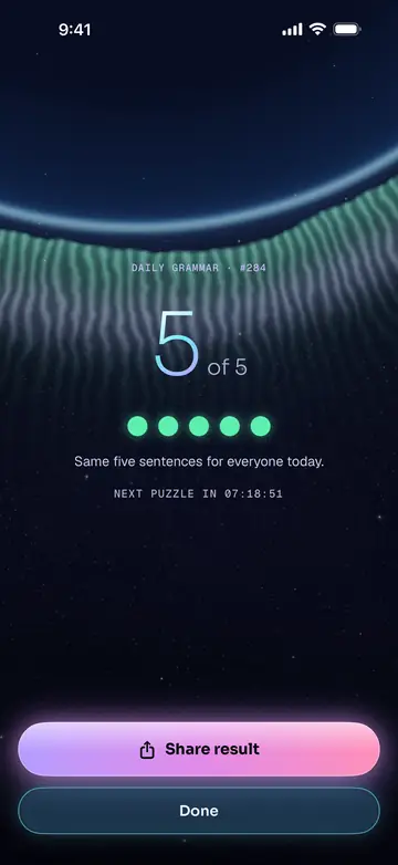 The daily puzzle result in GramStar: 5 of 5, five green dots, and the line: Same five sentences for everyone today.